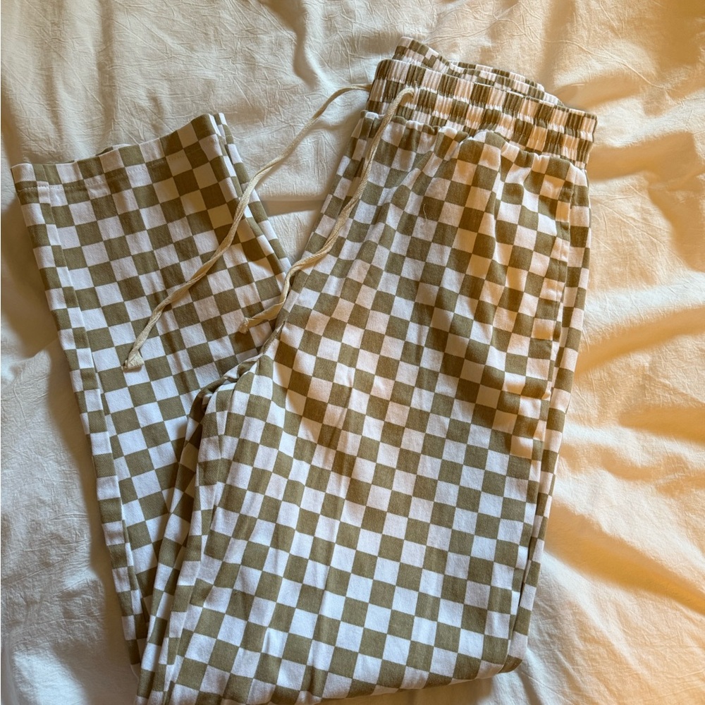 Le Lis Tan and White Checkered Straight Leg Pants
